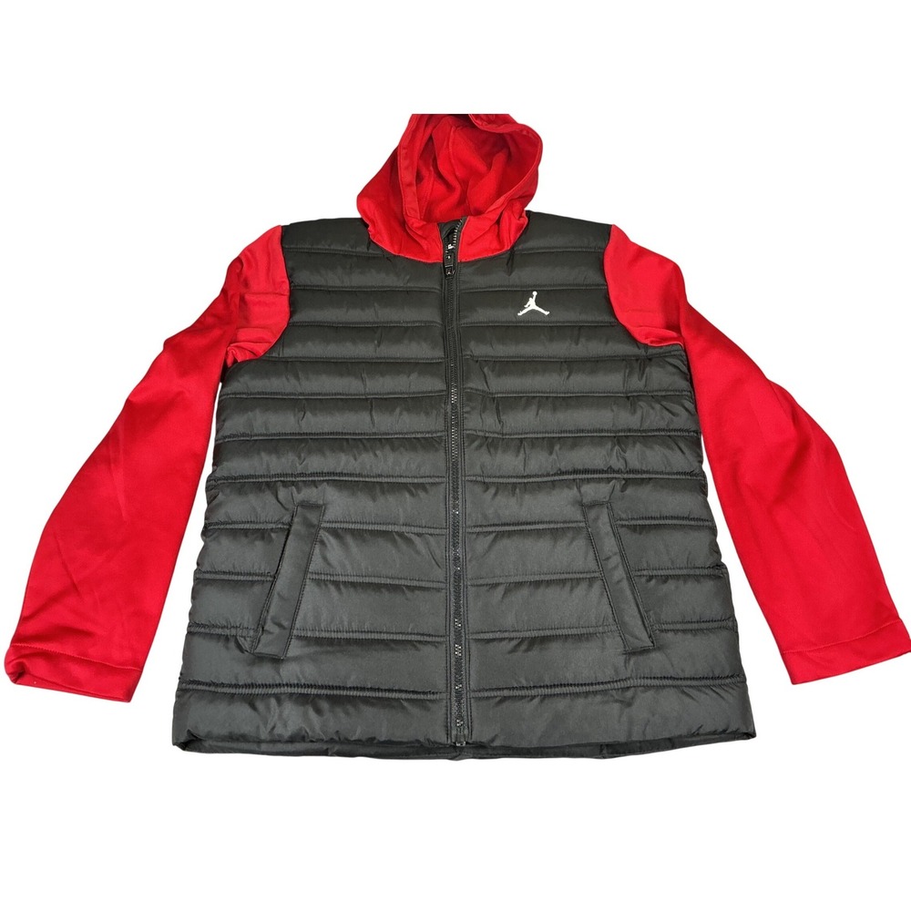 Nike Jordan Boys Hybrid Puffer Jacket Jumpman Black Red Hooded Zip Coat LG NWOT